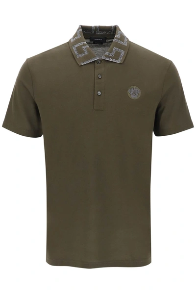 Shop Versace Taylor Fit Polo Shirt With Greca Collar In Green, Silver