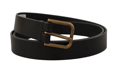 Dolce & Gabbana Black Calf Leather Brass Logo Engraved Buckle Belt In Black