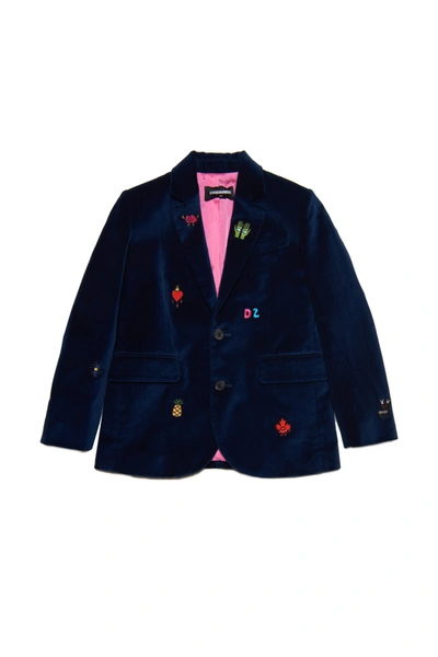 Shop Dsquared2 Formal Velvet Blazer Model Jacket With Colorful Mini Patches In Blue