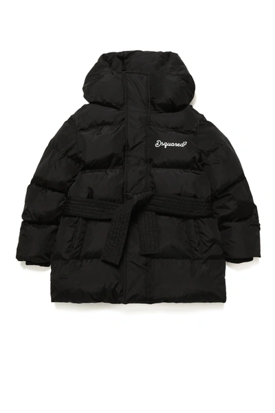 Shop Dsquared2 Glossy Hooded Padded Jacket With Cursive Logo In Black
