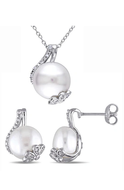 Shop Delmar Cultured Freshwater Pearl Pendant Necklace & Stud Earrings Set In Silver/ Pearl