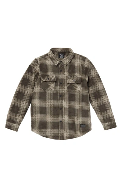 Shop Volcom Kids' Bowered Plaid Fleece Snap-up Shirt In Wren