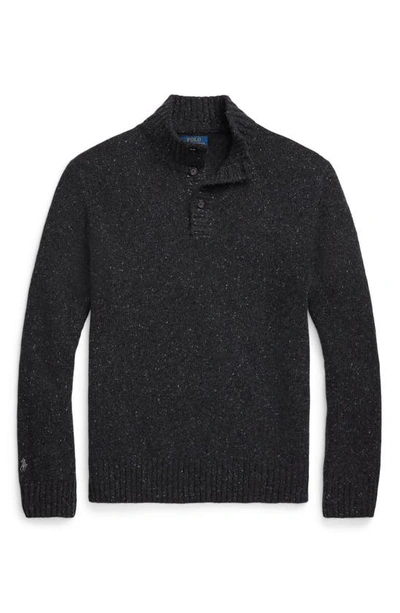 Shop Polo Ralph Lauren Button Neck Wool-blend Sweater In Onyx Donegal