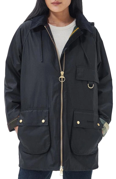 Shop Barbour Highclere Hooded Waxed Jacket In Black/ Classic/ Dress/ Ancient
