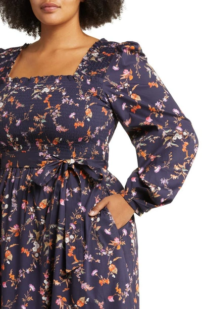 Shop Leota Fleur Floral Print Long Sleeve Stretch Organic Cotton Midi Dress In Scattered Phlox Navy Multi