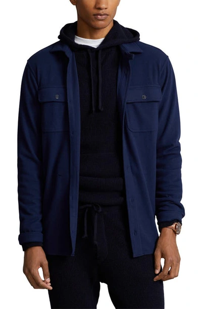Shop Polo Ralph Lauren Knit Flannel Button-up Shirt In French Navy