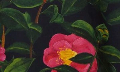 Shop Oscar De La Renta Camellias Floral Bow Square Neck Stretch Cotton Poplin Dress In Pink/ Navy