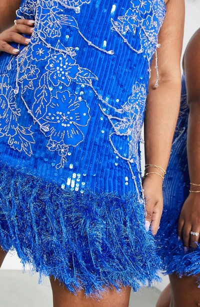 Shop Asos Design Edition Curve Sequin Beaded Faux Feather Trim Cocktail Dress In Medium Blue