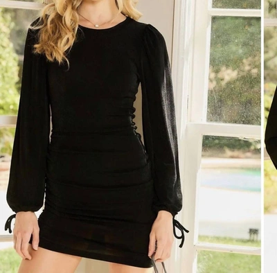 Main Strip Bubble Sleeve Side Ruched Dress In Black In Black