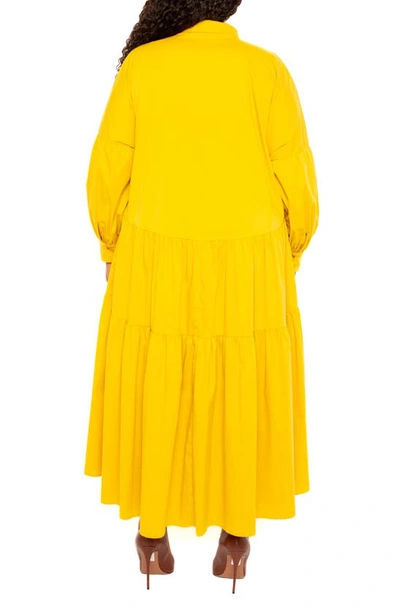 Buxom Couture Long Sleeve Tiered Cotton Blend Shirtdress In Mustard