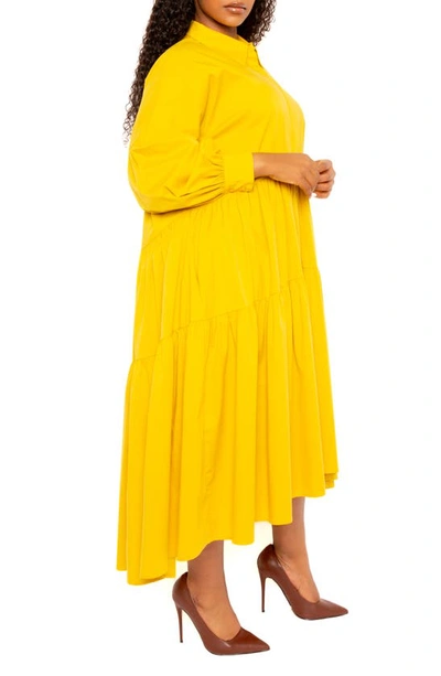 Buxom Couture Long Sleeve Tiered Cotton Blend Shirtdress In Mustard