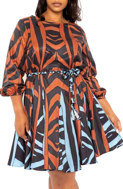 Shop Buxom Couture Contrast Print Belted Long Sleeve Minidress In Brown Multi