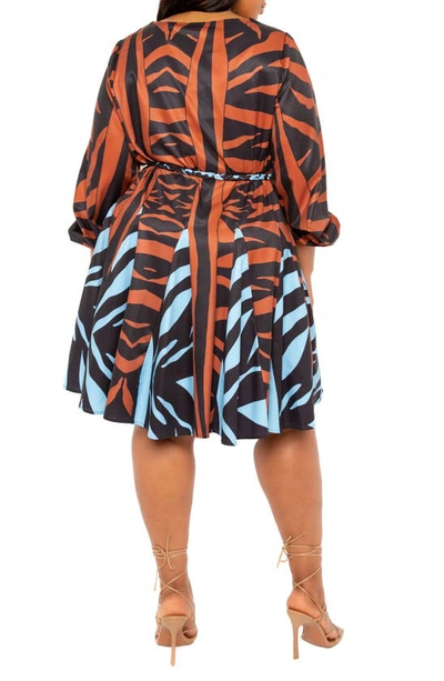 Shop Buxom Couture Contrast Print Belted Long Sleeve Minidress In Brown Multi
