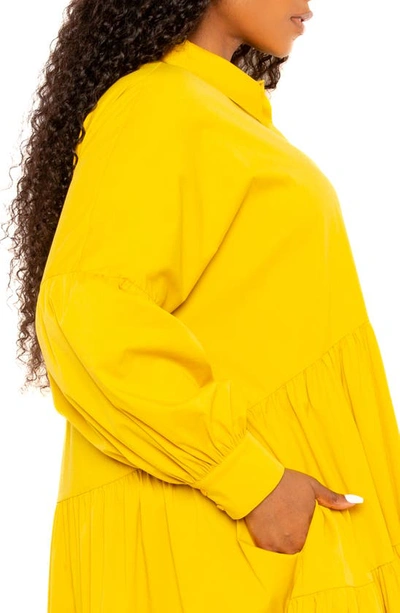 Buxom Couture Long Sleeve Tiered Cotton Blend Shirtdress In Mustard