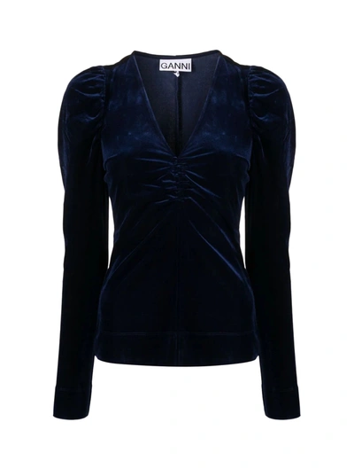 Shop Ganni Velvet Jersey V-neck Blouse In Blue