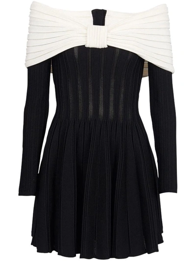 Shop Balmain Long Sleeves Off Shoulder Rib Knit Short Flare Dress Clothing In Black