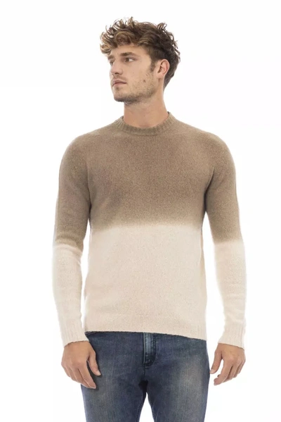 Shop Alpha Studio Beige Crewneck Sweater With Ribbed Men's Details