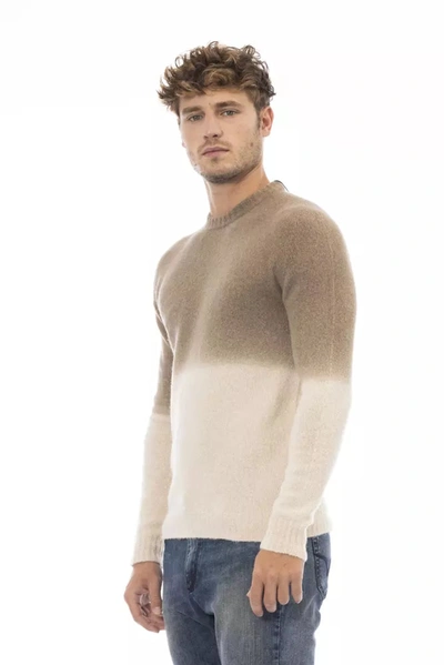 Shop Alpha Studio Beige Crewneck Sweater With Ribbed Men's Details