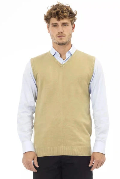 Shop Alpha Studio Elegant V-neckline Knit Vest In Men's Beige