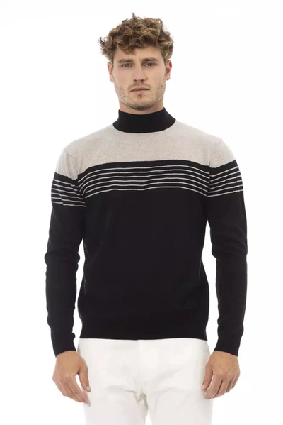 Shop Alpha Studio Elegant Mock Neck Ribbed Men's Sweater In Black