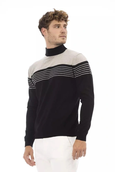 Shop Alpha Studio Elegant Mock Neck Ribbed Men's Sweater In Black