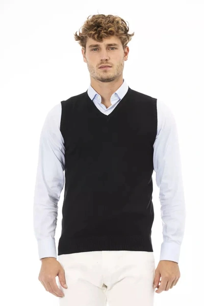 Shop Alpha Studio Elegant V-neck Vest In Fine Rib Men's Knit In Black
