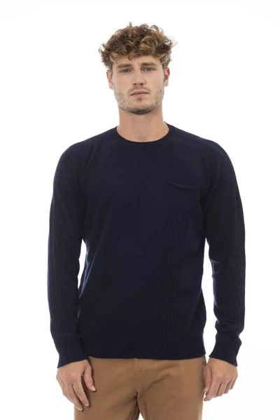 Shop Alpha Studio Elegant Crewneck Pocket Men's Sweater In Blue