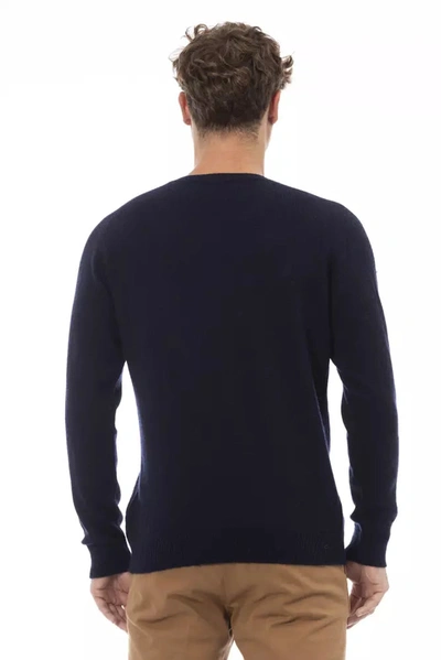 Shop Alpha Studio Elegant Crewneck Pocket Men's Sweater In Blue