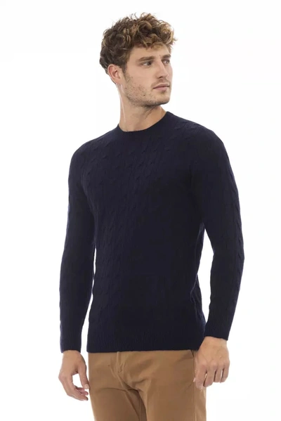 Shop Alpha Studio Elegant Blue Crewneck Men's Sweater