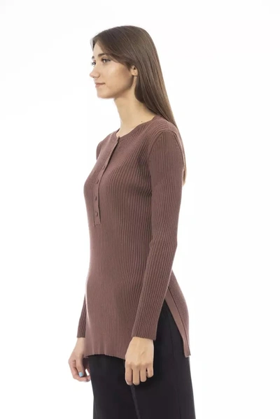 Shop Alpha Studio Chic Brown Side-slit Sweater With Button Women's Details
