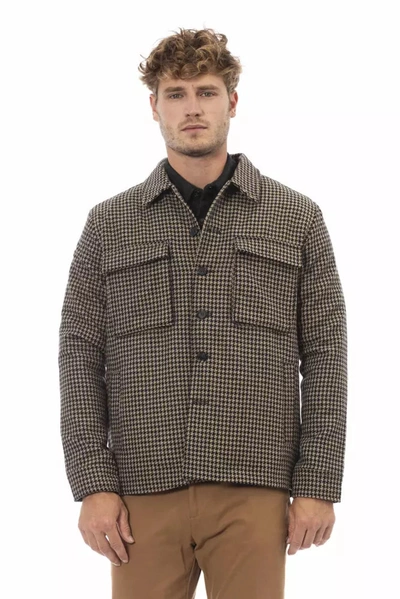 Shop Alpha Studio Elegant Houndstooth Wool Blend Shirt Men's Jacket In Brown