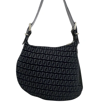 Shop Fendi Zucca Black Suede Shoulder Bag ()