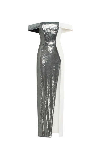 Shop Milla Noteworthy White Satin Maxi Gown Covered In Silver Sequins, Xo Xo