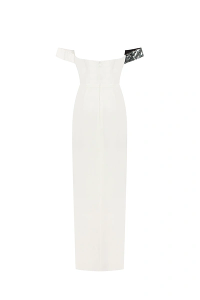 Milla Noteworthy White Satin Maxi Gown Covered In Silver Sequins, Xo Xo In Silver