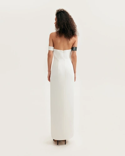 Milla Noteworthy White Satin Maxi Gown Covered In Silver Sequins, Xo Xo In Silver
