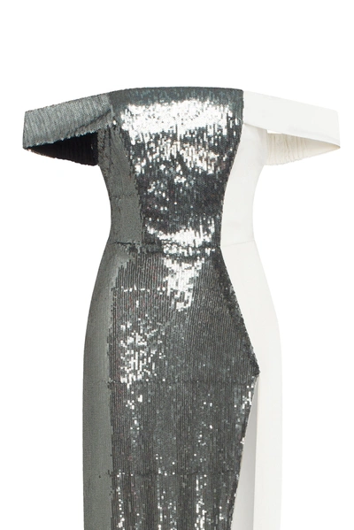 Milla Noteworthy White Satin Maxi Gown Covered In Silver Sequins, Xo Xo In Silver
