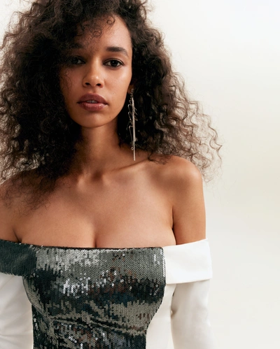 Milla Noteworthy White Satin Maxi Gown Covered In Silver Sequins, Xo Xo In Silver