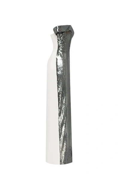 Milla Noteworthy White Satin Maxi Gown Covered In Silver Sequins, Xo Xo In Silver