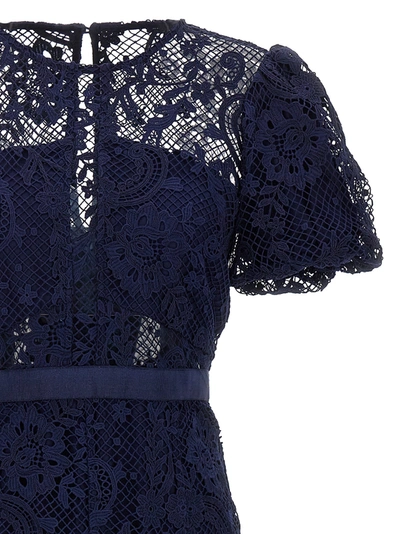 Shop Self-portrait Navy Lace Puff Sleeve Midi Dresses Blue