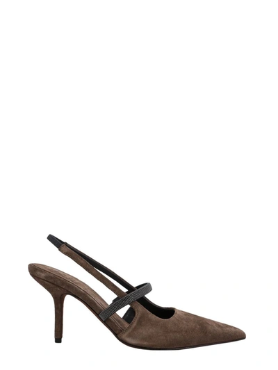 Brunello Cucinelli Slinback Pumps With Precious Strap In Brown