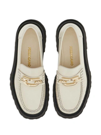 Shop Ferragamo Gancio Leather Loafers In White