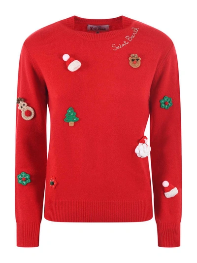 Mc2 Saint Barth Woman Brushed Sweater With Christmas Patches Appliquèe In Red
