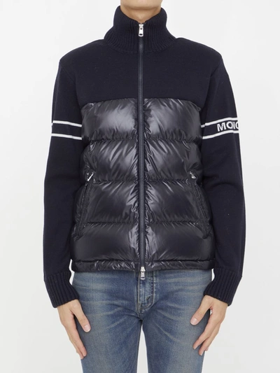 Shop Moncler Padded Wool Blend Cardigan In Blue