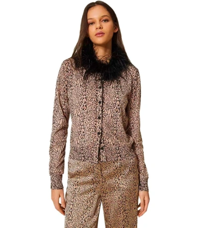 Shop Twinset Animal Print Cardigan With Feathers In Beige