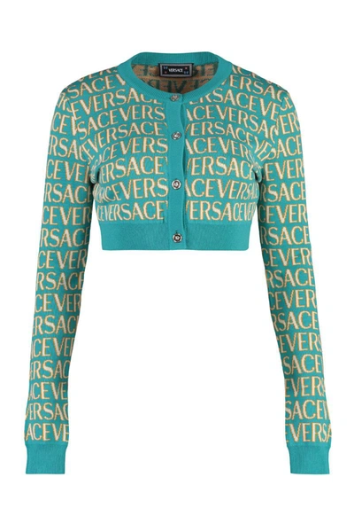 Shop Versace Cropped-length Knitted Cardigan In Turquoise
