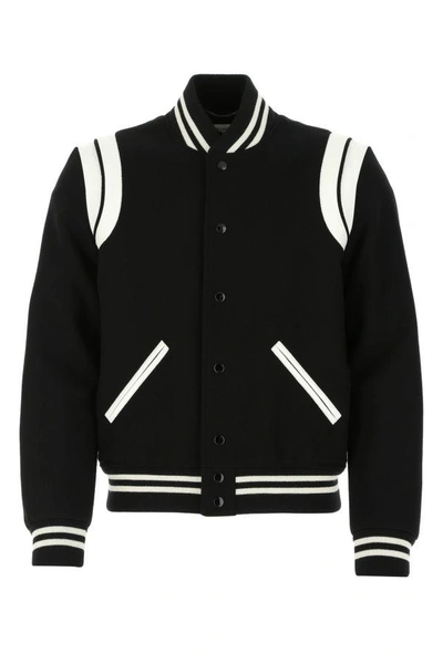 Shop Saint Laurent Man Black Wool Blend Bomber Jacket