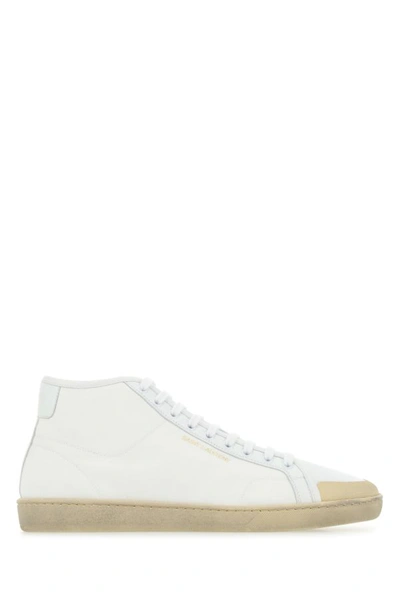 Shop Saint Laurent Man White Canvas And Leather Court Classic Sl/39 Sneakers