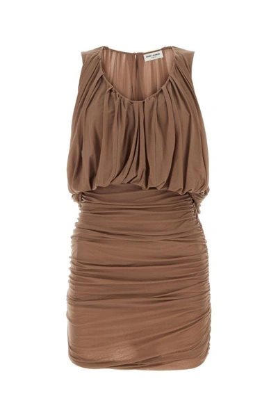 Shop Saint Laurent Woman Biscuit Cupro Mini Dress In Brown