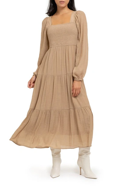 Shop August Sky Smocked Long Sleeve Tiered Dress In Tan