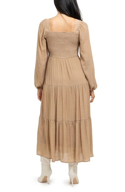 Shop August Sky Smocked Long Sleeve Tiered Dress In Tan